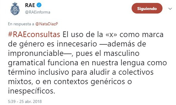 Tuit de la RAE sobre cuestiones de género y la desinencia o